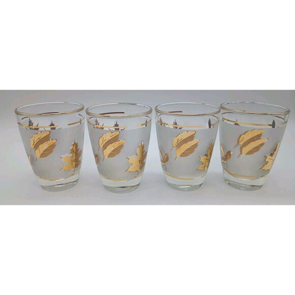 Anchor Hocking Golden Foliage Leaf Frosted 4 Juice Glasses 4oz 3 1/2" Fall - Picture 2 of 6